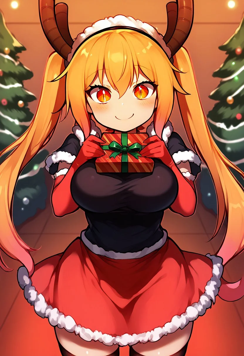 score_9, score_8_up, score_7_up, score_6_up, source_anime, 1girl, solo, mdrgtru, blonde hair, twintails, orange hair, gradient hair, orange eyes, slit pupils, horns, black shirt, red capelet, white trim, fur trim, red skirt, frilled skirt, christmas outfit, red gloves, elbow gloves, black tighhighs, large breasts, indoors, christmas background, looking at you, happy, blush, smile, closed mouth, c4toony style, <lora:incoming-gift-ponyxl-lora-nochekaiser:1>, incoming gift, outstretched arms, holding, holding gift, gift, gift box,