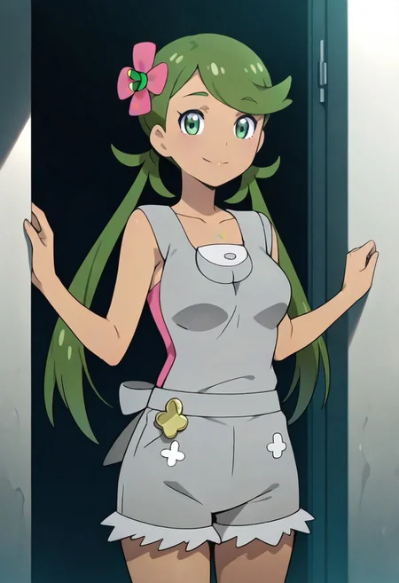 masterpiece, best quality, medium breasts, BREAK, zzMallow, green hair, green eyes, hair flower, hair ornament, grey overalls, pink shirt, sleeveless, grey shorts, <lora:MallowPokemonIXL_e09:1.0>, smile, looking at viewer, cowboy shot, <lora:ShoujoRamuneIXL:1.0>,