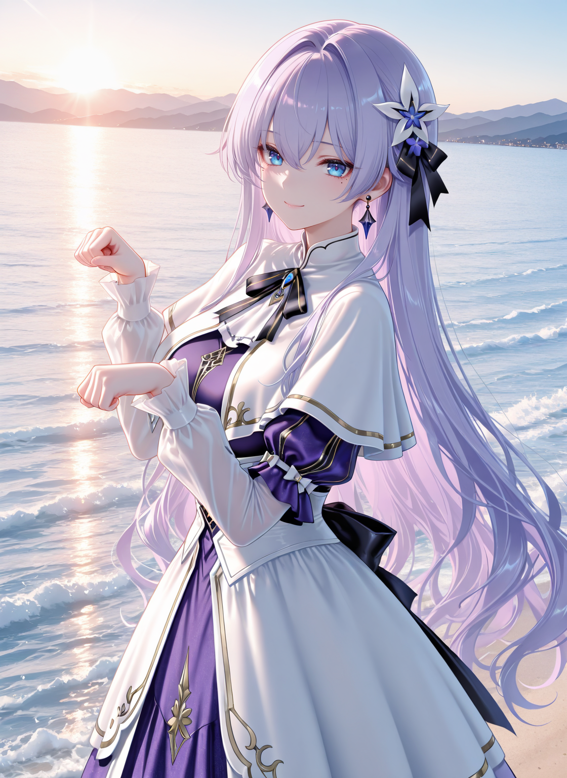 masterpiece,best quality,newest,absurdres,highres,soft shadows,year2024,mutou kurihito,(kimishima ao:0.7),(hiten \(hitenkei\):0.4),(sheya:0.4),
<lora:Cantarella youngXLNAI:1>,Cantarella (\young\),1girl,light purple hair,blue eyes,hair ornament,hair between eyes,mole under eye,earrings,white capelet,puffy sleeves,long sleeves,purple dress,white dress,
ocean,standing,paw pose,
smile,,sunlight,mountainous horizon,