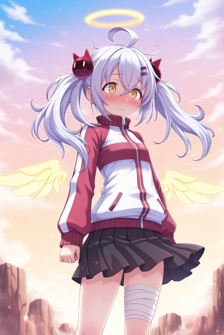 konndouchiru,1girl,solo,track jacket,twintails,jacket,halo,wings,hair ornament,skirt,yellow eyes,bandages,sky,blush,ahoge,cloud,<lora:konndouchiru:0.8>,, masterpiece,best quality,amazing quality,