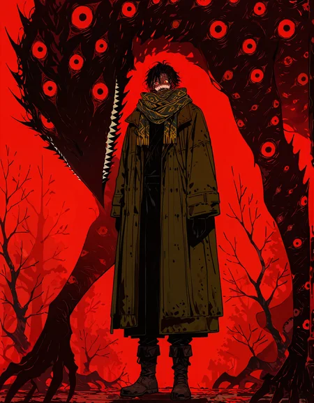 masterpiece, newest, incredibly absurdres, highres, <lora:3Y3S_style:1>,3Y3S_illu, extra eyes, red background, 1boy, male focus, monster, red theme, solo, standing, red eyes, teeth, sharp teeth, tree, coat, boots, scarf, full body, looking at viewer