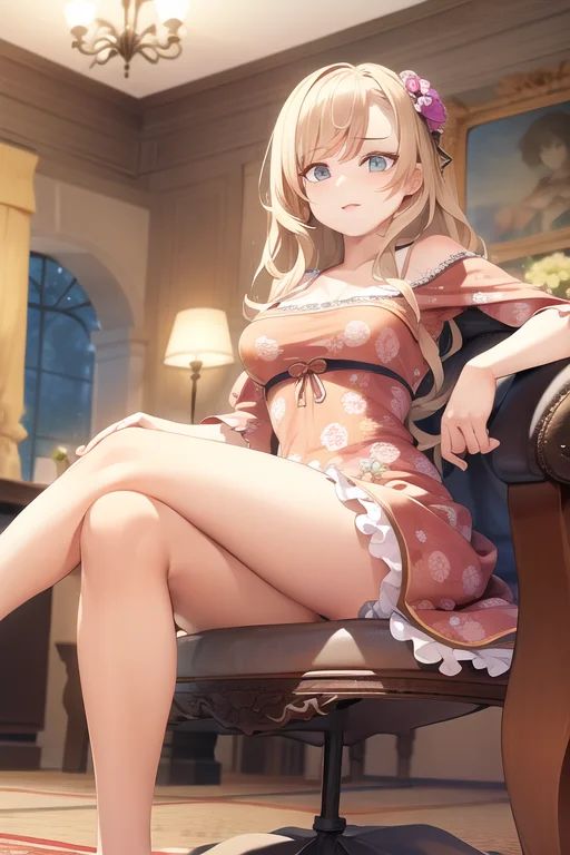 woman sitting sitcrossleg <lora:sitcrossleg2_rvkwi:1>, flower dress, living room