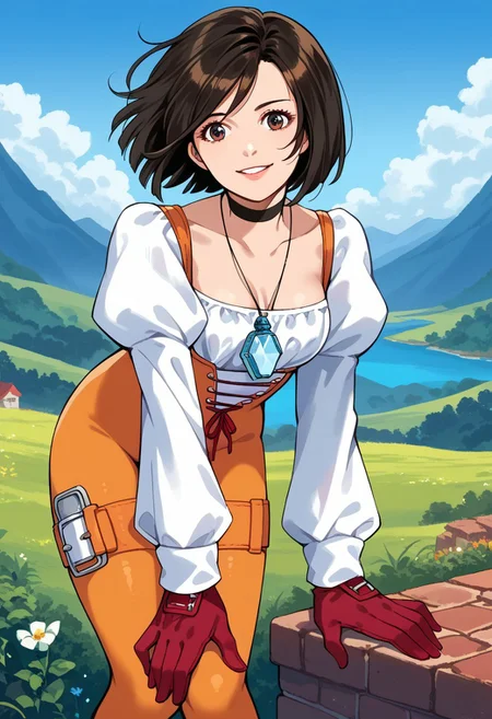 score_9, score_8_up, score_7_up, source_anime,
garnet, <lora:garnet-til-alexandros-xvii-ponyxl-lora-nochekaiser:1>,
garnet, grey eyes, short hair, swept bangs, black hair,
bodysuit, choker, gloves, jewelry, juliet sleeves, long sleeves, necklace, orange bodysuit, pendant, puffy sleeves, red gloves,
outdoors, landscape,
leaning forward,playful smile,looking at viewer,hands on knees