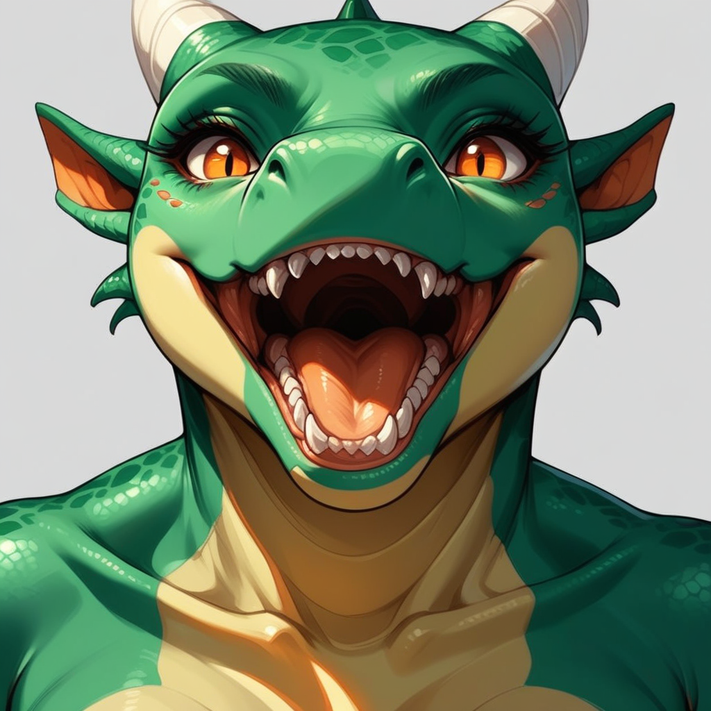 score_9, score_8_up, score_7_up, horns, solo, open mouth, colored skin, looking at viewer, teeth, portrait, orange eyes, simple background, 1girl, tongue, slit pupils, dragon horns, green skin, white background, scales, furry, dragon, furry, anthro, mythological creature, mythological scalie, mythology, scalie