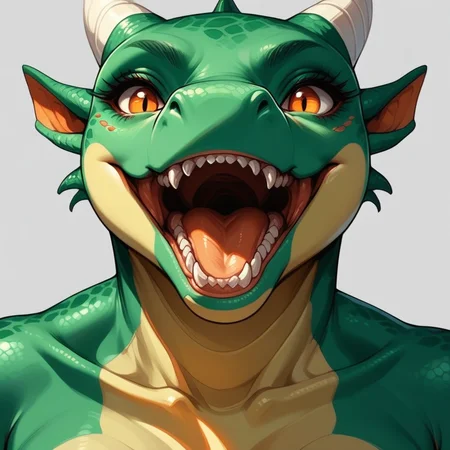 score_9, score_8_up, score_7_up, horns, solo, open mouth, colored skin, looking at viewer, teeth, portrait, orange eyes, simple background, 1girl, tongue, slit pupils, dragon horns, green skin, white background, scales, furry, dragon, furry, anthro, mythological creature, mythological scalie, mythology, scalie