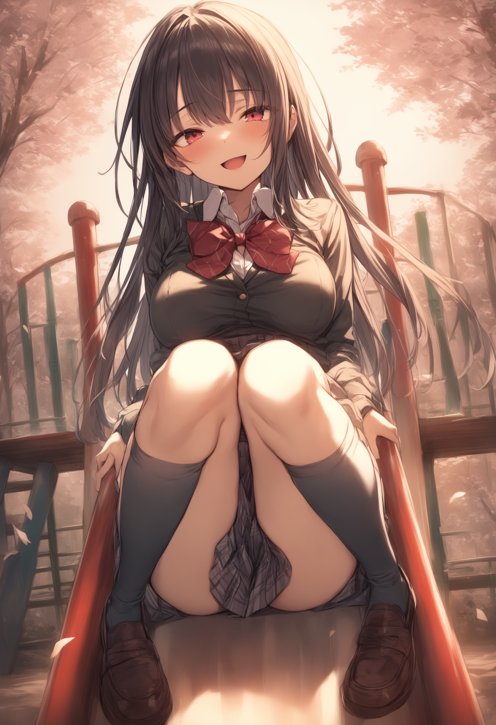 1girl,medium breasts, <lora:sdxl-flat:-1>,school uniform,
<lora:slideXLv1:1.0>,slide,playground,
ceiling, cinematic angle, looking back, evil smile, gate, open mouth,
best quality,medium quality,