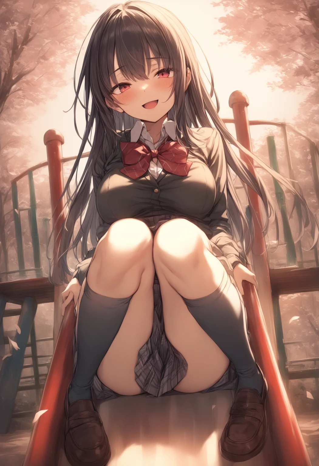 1girl,medium breasts, <lora:sdxl-flat:-1>,school uniform,
<lora:slideXLv1:1.0>,slide,playground,
ceiling, cinematic angle, looking back, evil smile, gate, open mouth,
best quality,medium quality,
