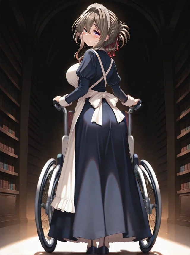 1girl,solo,smile,blush,standing,holding,reaching towards viewer,looking at viewer,<lora:Tomosato_Shiori_IS:1>,TomosatoShiori,purple eyes,brown hair,hair intakes,folded ponytail,mole under eye,maid headdress,hair ribbon,red ribbon,maid,large breasts,breasts,long sleeves,apron,<lora:ponyv4_noob1_2_adamW:1> BREAK masterpiece,best quality,amazing quality,very aesthetic,underlighting,black background,(wheelchair:1.2),(from behind:1.2),library,bookshelf,wide shot,fisheye,full body,<lora:add-detail-xl:1>,