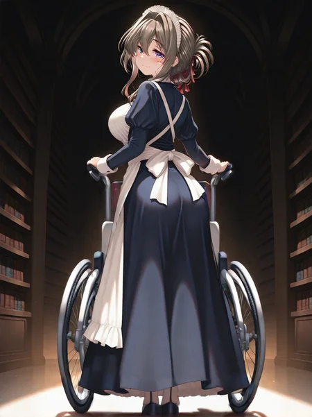 1girl,solo,smile,blush,standing,holding,reaching towards viewer,looking at viewer,<lora:Tomosato_Shiori_IS:1>,TomosatoShiori,purple eyes,brown hair,hair intakes,folded ponytail,mole under eye,maid headdress,hair ribbon,red ribbon,maid,large breasts,breasts,long sleeves,apron,<lora:ponyv4_noob1_2_adamW:1> BREAK masterpiece,best quality,amazing quality,very aesthetic,underlighting,black background,(wheelchair:1.2),(from behind:1.2),library,bookshelf,wide shot,fisheye,full body,<lora:add-detail-xl:1>,