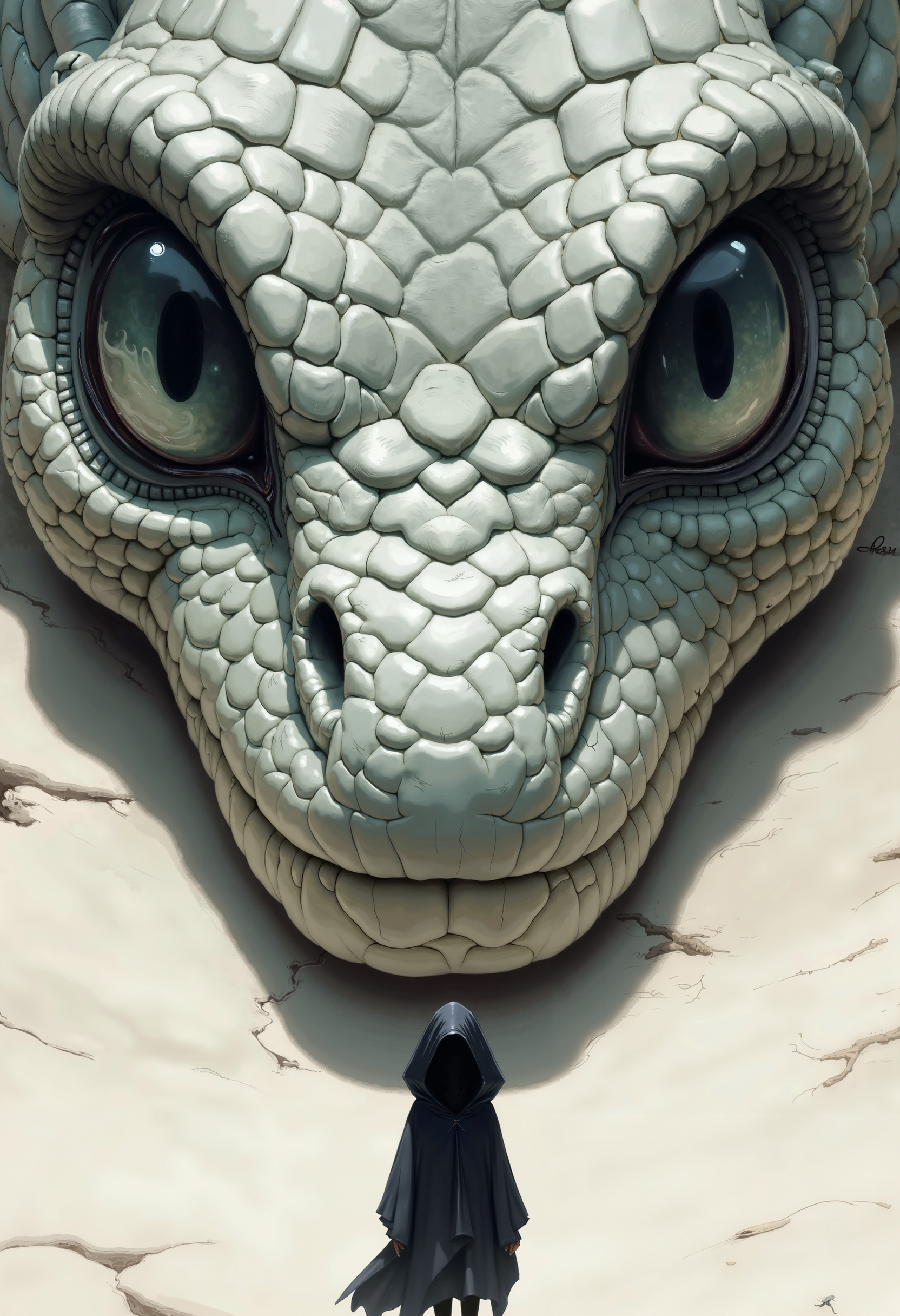 bo-snake, a oil paint on canvas of a world of mystical anime snake, dark fantasy, a high-resolution digital artwork depicting a fantastical scene, the central focus is a close-up of a dragon's eye, which is the focal point of the image, the dragon's scales are intricately detailed, with a light, textured pattern that resembles a snake's skin, the eye is large and almond-shaped with a dark iris, and its pupil is a lighter shade of grey, the creature's skin texture is smooth and slightly rough, with visible ridges and crevices, giving it a realistic, almost reptilian appearance, in the foreground, a small figure wearing a dark, hooded cloak is standing in front of the dragon, facing away from the viewer, the figure's face is not visible, but it appears to be a human or a small, humanoid figure, the background is a plain, light-colored surface, possibly a desert or a rocky outcrop, with no vegetation or people present, the overall mood of the artwork is eerie and mysterious, blending elements of fantasy and realism<lora:boFLUX Year of the Snake.safetensors:1.0:1.0>