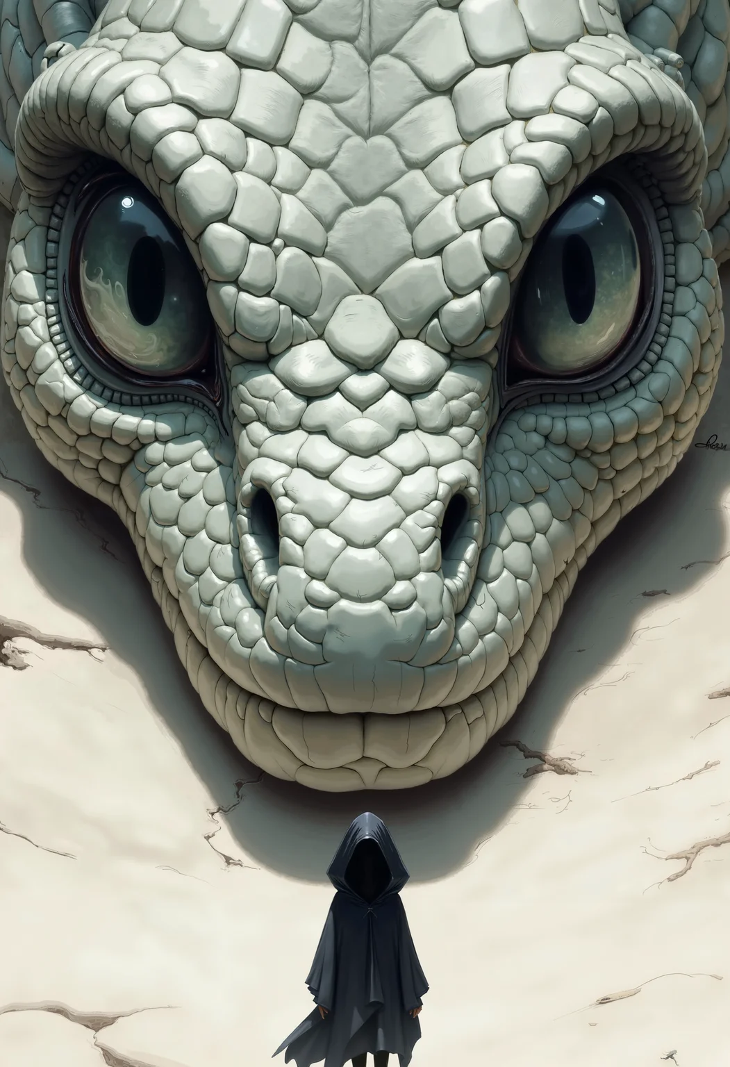 bo-snake, a oil paint on canvas of a world of mystical anime snake, dark fantasy, a high-resolution digital artwork depicting a fantastical scene, the central focus is a close-up of a dragon's eye, which is the focal point of the image, the dragon's scales are intricately detailed, with a light, textured pattern that resembles a snake's skin, the eye is large and almond-shaped with a dark iris, and its pupil is a lighter shade of grey, the creature's skin texture is smooth and slightly rough, with visible ridges and crevices, giving it a realistic, almost reptilian appearance, in the foreground, a small figure wearing a dark, hooded cloak is standing in front of the dragon, facing away from the viewer, the figure's face is not visible, but it appears to be a human or a small, humanoid figure, the background is a plain, light-colored surface, possibly a desert or a rocky outcrop, with no vegetation or people present, the overall mood of the artwork is eerie and mysterious, blending elements of fantasy and realism<lora:boFLUX Year of the Snake.safetensors:1.0:1.0>