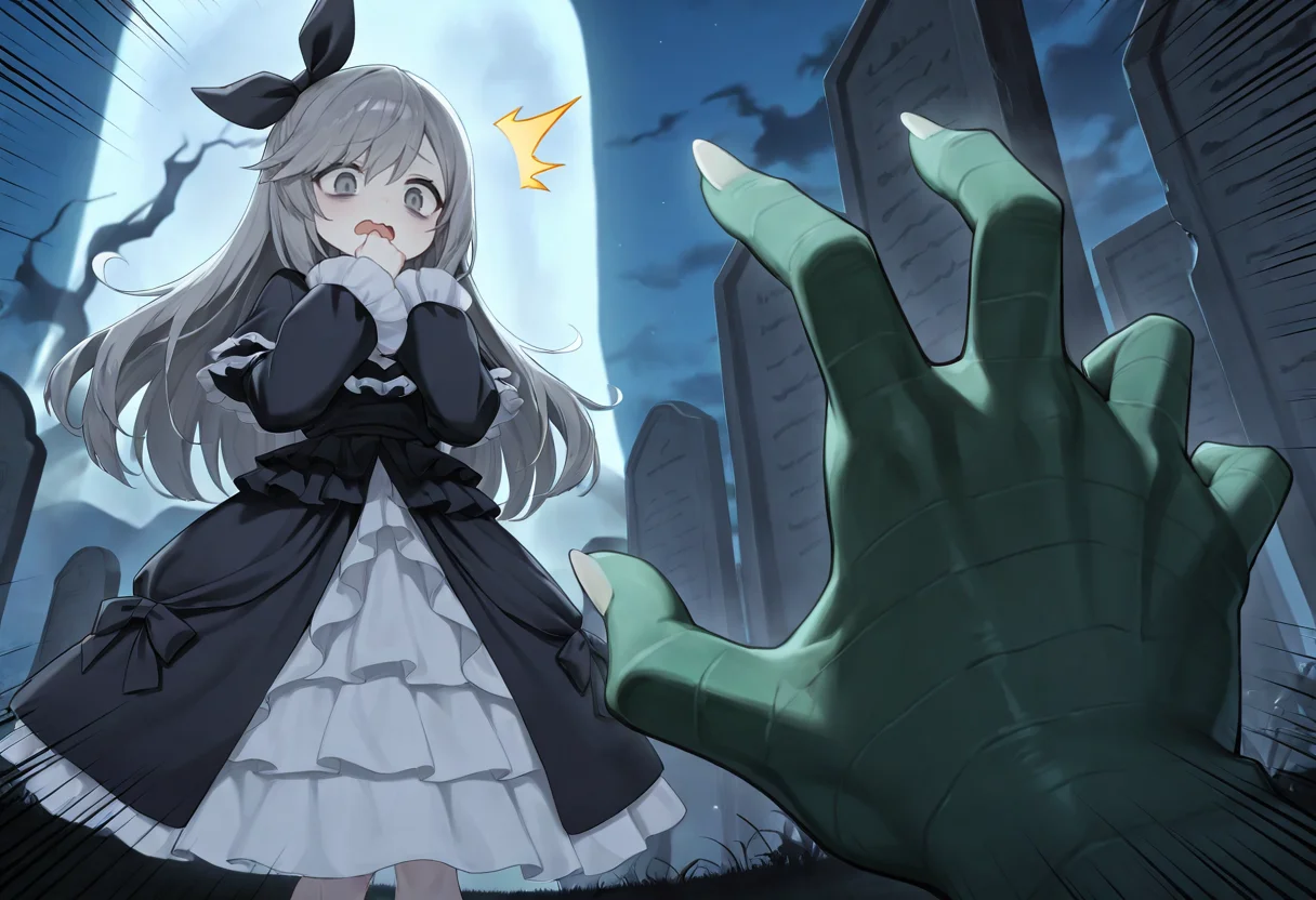 masterpiece,best quality,amazing quality,very aesthetic,absurdres,newest, highres,very awa, 1girl, 1other, from below, graveyard, night, darkness, emphasis lines, grave, dutch angle,
<lora:屿·ç«¥ (1):0.7>, 1girl, ghost bell,grey eyes,bags_under_eyes, dress,bow,ribbon,hair bow,frills,capelet,frilled dress, looking at another, sad, surprised, open mouth, wavy mouth, ^^^, standing, hand to own mouth, looking down, full body,
<lora:Ash Blossom & Joyous Spring illuXL v1:0.7>, green arm monster, disembodied hand, pointing at another,