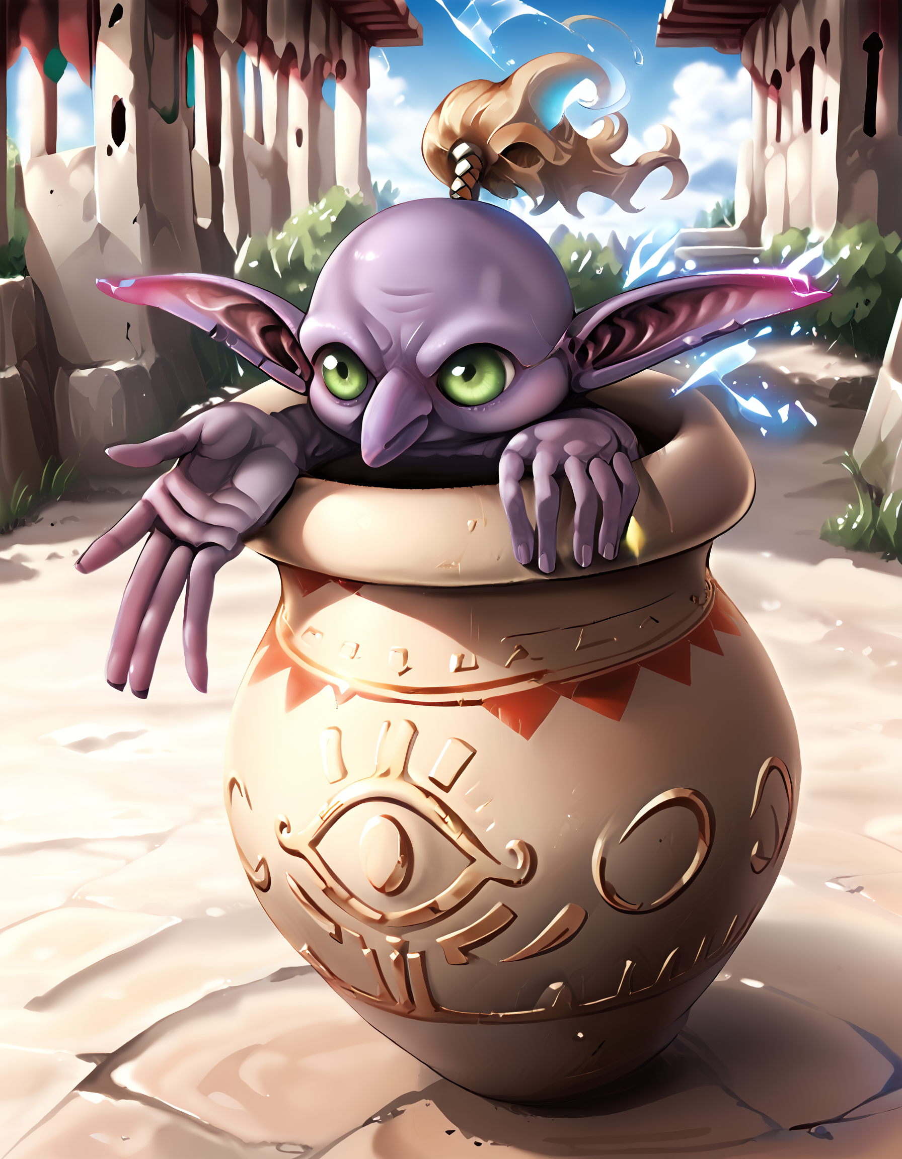 zPDXL3,masterpiece,extreme detailed,full_body,outdoors,dungeon,<lora:Pony_DetailV2.0:1>,day,
BREAK magicpot,no humans,pointy ears,<lora:magicpot-pony:1>,magic ice,pointing,