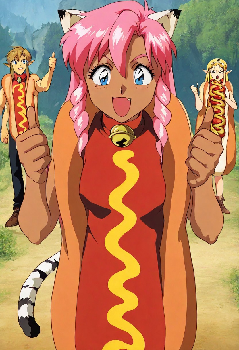 Maaterpiece, best quality, amazing quality, very aesthetic, duo, Pink_DragonPink, 1girl, hotdog costume, cat ears, cat bell necklace, pink hair, tanned, white tiger tail, small breasts, hotdog costume, leather shoes, <lora:pink-illustrious:1>, single fang showing, Break 1boy,Anime screencap,link (zelda),blonde hair,blue eyes,pointy ears,low ponytail,sidelocks, hotdog costume, Break Forest in sunny day, clearing, pink and link looking at viewer, 😖, <lora:hotdog-costume-illustriousxl-lora-nochekaiser:1>, food, hot dog, looking at viewer, long sleeves, cowboy shot, ketchup, oversized food, costume, thumbs up, hands up,