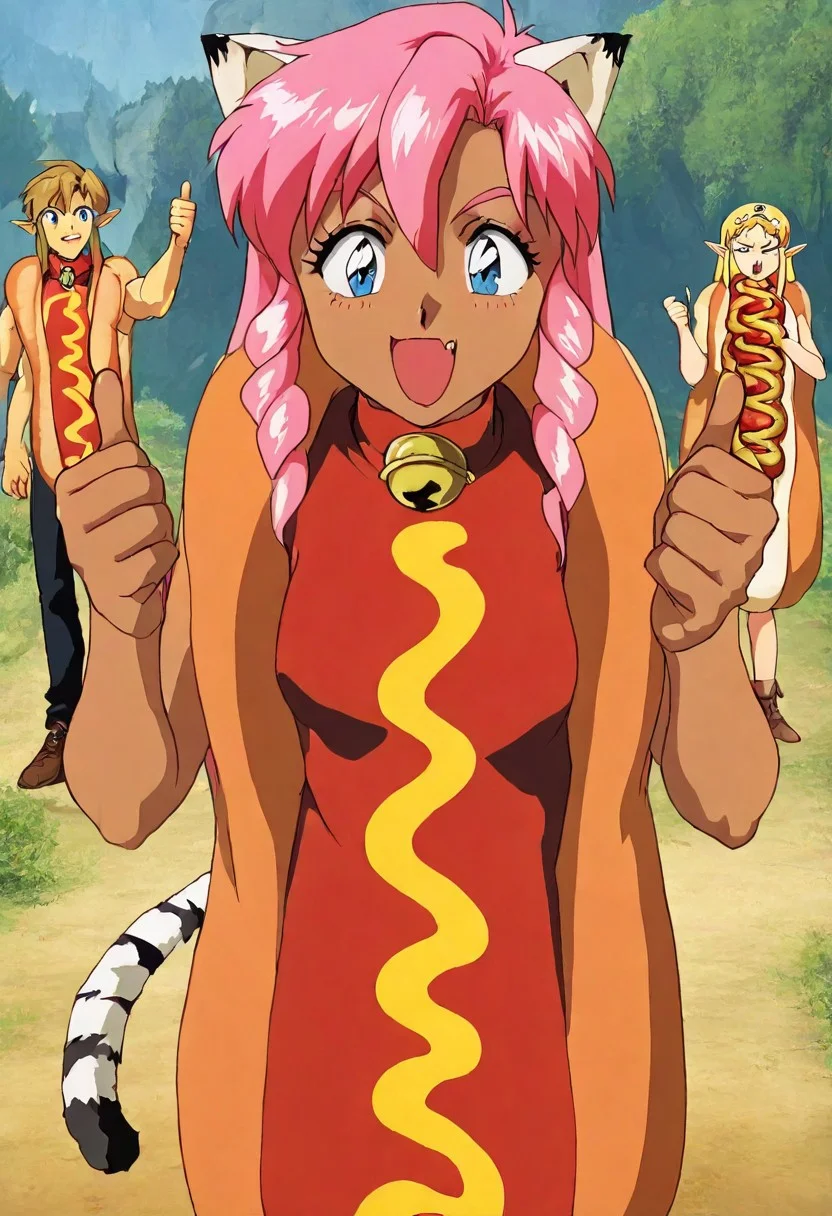 Maaterpiece, best quality, amazing quality, very aesthetic, duo, Pink_DragonPink, 1girl, hotdog costume, cat ears, cat bell necklace, pink hair, tanned, white tiger tail, small breasts, hotdog costume, leather shoes, <lora:pink-illustrious:1>, single fang showing, Break 1boy,Anime screencap,link (zelda),blonde hair,blue eyes,pointy ears,low ponytail,sidelocks, hotdog costume, Break Forest in sunny day, clearing, pink and link looking at viewer, 😖, <lora:hotdog-costume-illustriousxl-lora-nochekaiser:1>, food, hot dog, looking at viewer, long sleeves, cowboy shot, ketchup, oversized food, costume, thumbs up, hands up,