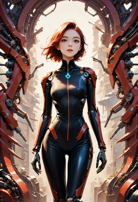 score_9, score_8_up, score_7_up, woman 30yo, European caucasian, cowboy shot, medium breasts, cute, red and black bodysuit, mechanical parts