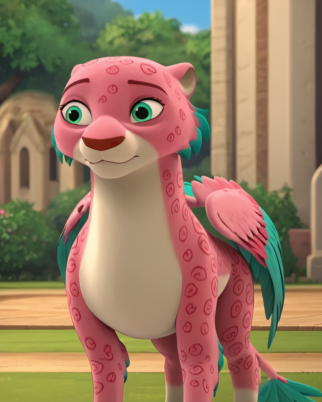 score_9, score_8_up, 1girl, masterpiece,  <lora:Celia_Elena_Of_Avalor:1> celiaofavalor, green eyes, pink fur, tail, standing, park, outdoors, female, green feathers, open wings, no humans, feral,