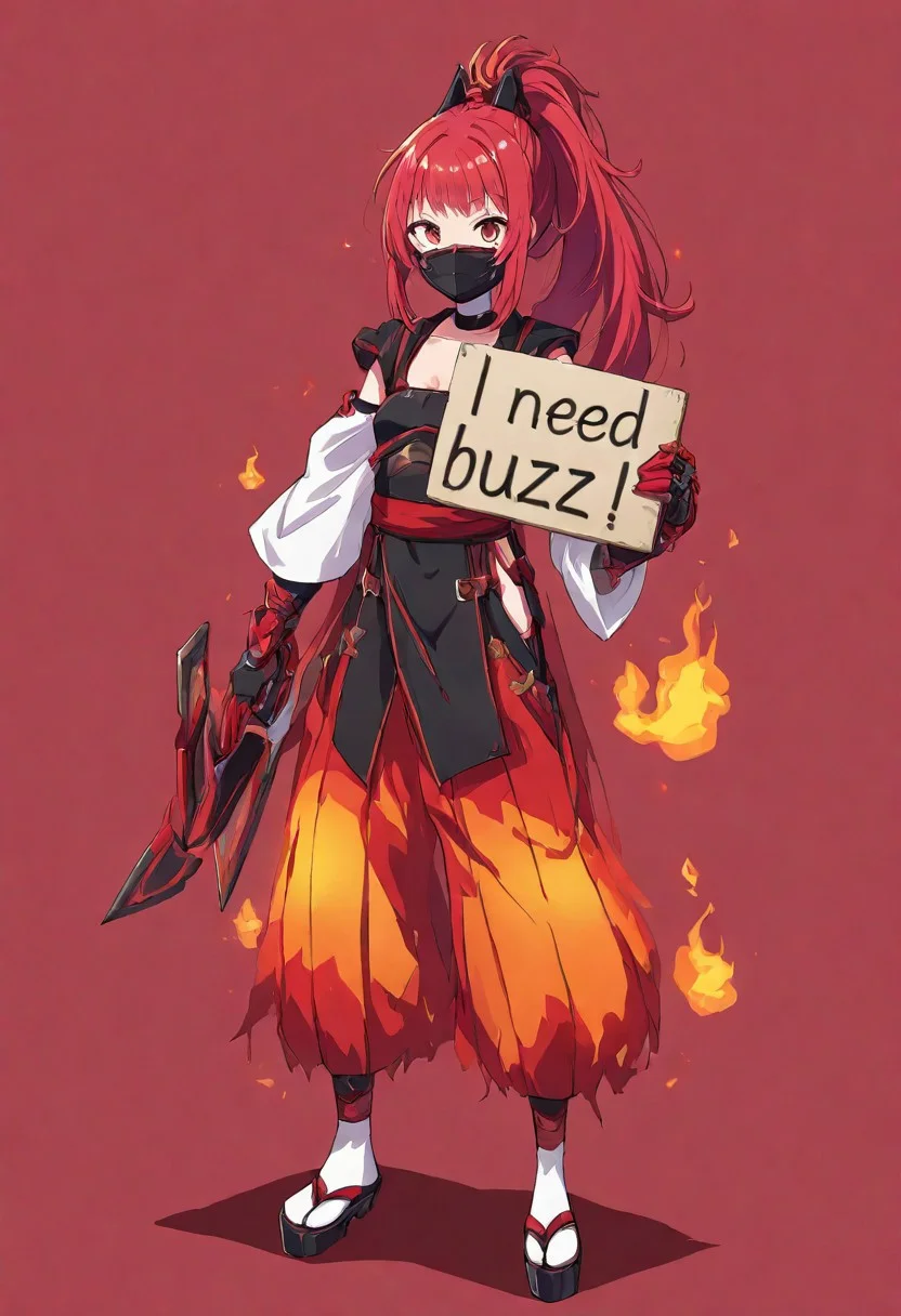 masterpiece, need_buzz, holding sign, A kunoichi with red hair symbolizes both a fiery spirit and traditional stealth. Here's a concise description:
**Hair:** Vibrant, fiery red, styled in a ponytail, loose, or an updo.
**Outfit:**
- **Color Scheme:** Black and red, for mystery and power.
- **Top:** Fitted black ninja suit or stylized with a red sash.
- **Bottoms:** Tight-fitting pants or hakama, with black or red accents.
- **Footwear:** Split-toe tabi socks and sandals or boots.
**Accessories:**
- **Arm Guards:** Black with red detailing.
- **Mask or Hood:** For concealment or style.
- **Belt/Sash:** Wide, red, functional for combat.
- **Weapons:** Dual tanto or jyutei, red handles or sheaths; shuriken.
- **Jewelry:** Minimal, like a red ribbon or choker.
- **Armor:** Lightweight, with red elements if present.
This blends various sources to depict a red-haired kunoichi in black and red.