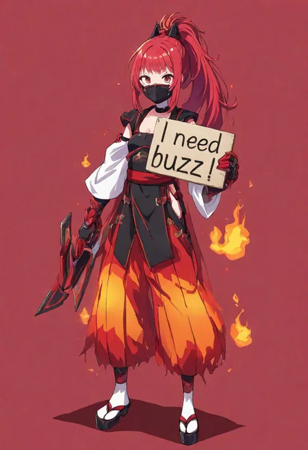 masterpiece, need_buzz, holding sign, A kunoichi with red hair symbolizes both a fiery spirit and traditional stealth. Here's a concise description:
**Hair:** Vibrant, fiery red, styled in a ponytail, loose, or an updo.
**Outfit:**
- **Color Scheme:** Black and red, for mystery and power.
- **Top:** Fitted black ninja suit or stylized with a red sash.
- **Bottoms:** Tight-fitting pants or hakama, with black or red accents.
- **Footwear:** Split-toe tabi socks and sandals or boots.
**Accessories:**
- **Arm Guards:** Black with red detailing.
- **Mask or Hood:** For concealment or style.
- **Belt/Sash:** Wide, red, functional for combat.
- **Weapons:** Dual tanto or jyutei, red handles or sheaths; shuriken.
- **Jewelry:** Minimal, like a red ribbon or choker.
- **Armor:** Lightweight, with red elements if present.
This blends various sources to depict a red-haired kunoichi in black and red.
