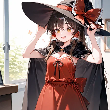 masterpiece, best quality, amazing quality, very aesthetic, newest, general,
solo, hakurei reimu, touhou, brown eyes, red eyes, brown hair, long hair, black hair, hair bow, hair tubes, red bow, happy,
witch dress, witch hat, witch cape, cleavage, standing, arms up,
Home office,
(ningen mame:0.5), (ciloranko:0.7), (blvefo9:0.5), (signalviolet:0.4), (ke-ta:0.5), (toosaka asagi:0.4), (ebifurya:0.35), (ishikei:0.3), <lora:nyalia:0.15>, <lora:dj_sloppa_ill_v2:0.3>,