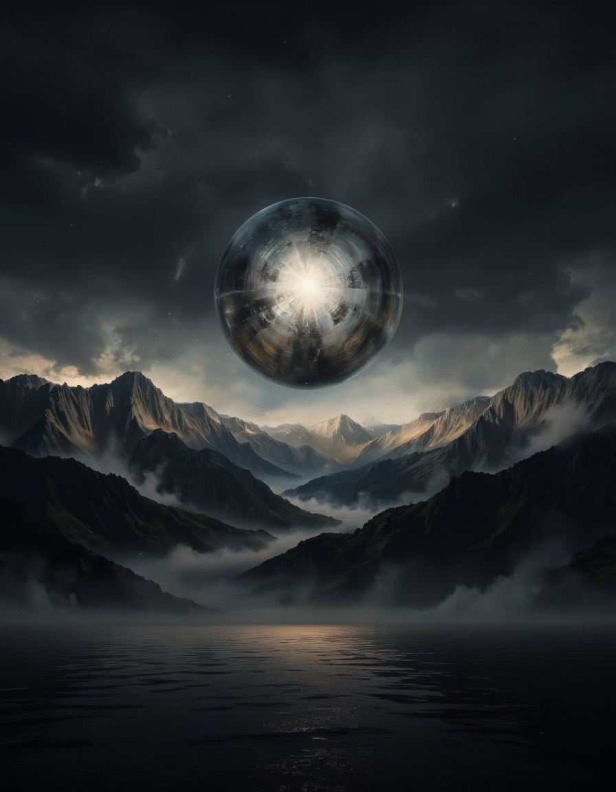 A photo-realistic shoot from a far camera angle about a surreal landscape featuring a large, glowing sphere in the sky over a vast expanse of mountains and water, with a soft, ethereal glow emanating from the horizon. the scene is set against a dark, cloudy sky, with the mountains in the foreground and the water in the background, creating a sense of depth and dimensionality. in the middle of the image, a large sphere appears to be floating above the mountains, illuminated by a bright, glowing light that casts a soft glow on the surrounding landscape. the sphere is a metallic grey color, and it is the only object in the image. the overall mood is one of awe and wonder, as if the viewer is captivated by the beauty of the scene. <lora:landscape:1>