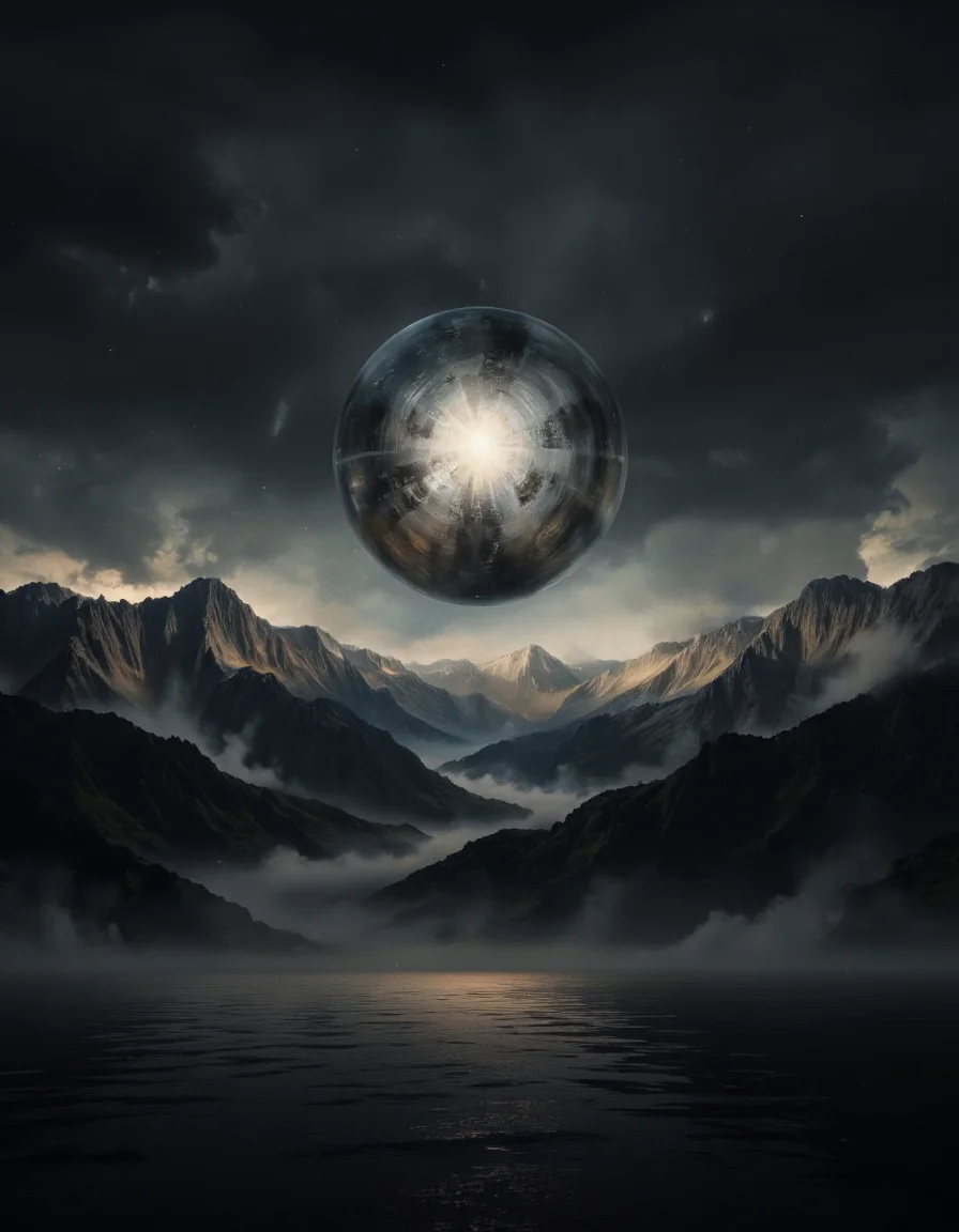 A photo-realistic shoot from a far camera angle about a surreal landscape featuring a large, glowing sphere in the sky over a vast expanse of mountains and water, with a soft, ethereal glow emanating from the horizon. the scene is set against a dark, cloudy sky, with the mountains in the foreground and the water in the background, creating a sense of depth and dimensionality. in the middle of the image, a large sphere appears to be floating above the mountains, illuminated by a bright, glowing light that casts a soft glow on the surrounding landscape. the sphere is a metallic grey color, and it is the only object in the image. the overall mood is one of awe and wonder, as if the viewer is captivated by the beauty of the scene. <lora:landscape:1>