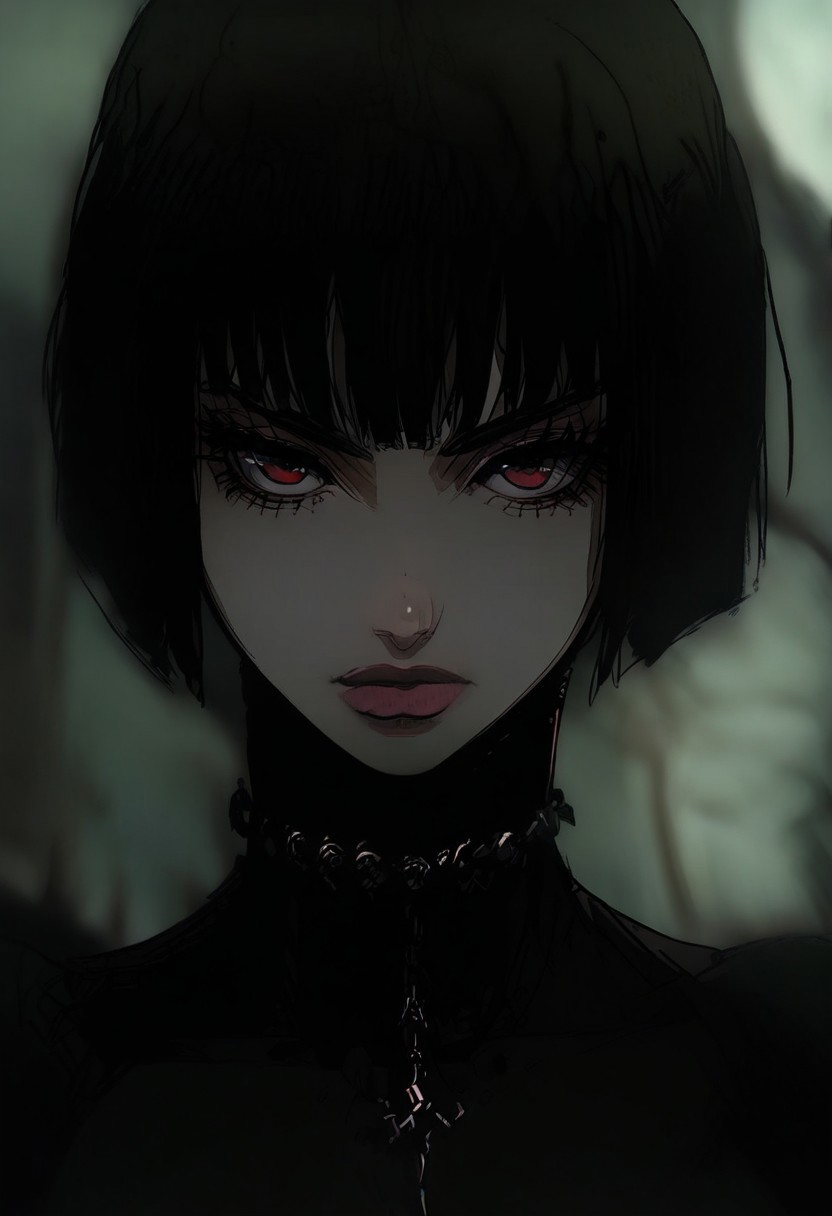 gthan, 1girl, solo, short hair, black hair, jewelry, looking at viewer, necklace, cross, portrait, bangs, red eyes, closed mouth, turtleneck, blurry background, cross necklace, lips, piercing, blurry, bob cut, eyelashes, k4l1s4m111