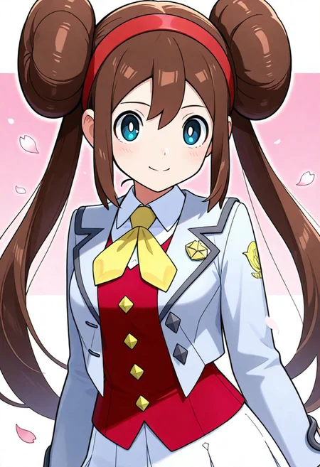 2d, masterpiece, best quality, amazing quality, 1girl, solo, close-up, smile, looking at viewer, simple background, multicolored background, pink shades, sakura petals, cowboy shot, acrosa, def colors, blue eyes, white pupils, brown hair, double bun, twintails, red hairband, light grey jacket, open jacket, white shirt, collared shirt, long sleeves, red vest, buttons, yellow ascot, white skirt
