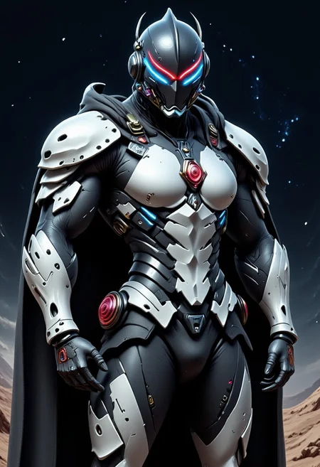 Space Ranger, Futuristic Tactical Armor, High-Tech Bow, Weathered Cloak, Starry Sky, Alien Landscape, Distant Planets, Glowing Tech Symbols, Cosmic Backdrop, Focused, Expression, Battle-Hardened, Mysterious Atmosphere, White and Red armor