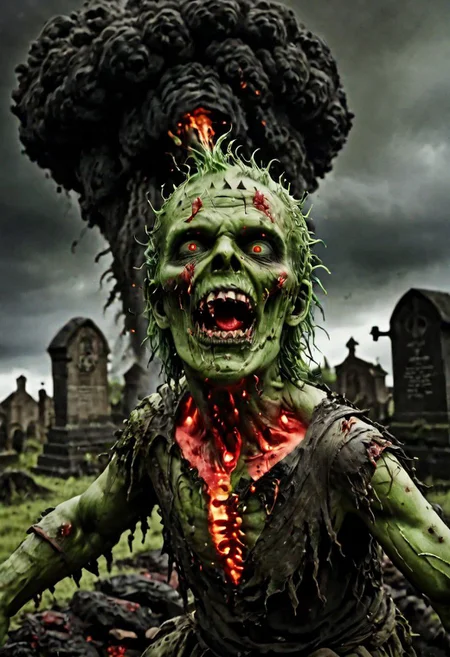 wide-angle shot of green DEVIL SPAWN, screaming at the air, surrounded by lava, glowing red ambers <OverallDetail:1.2>