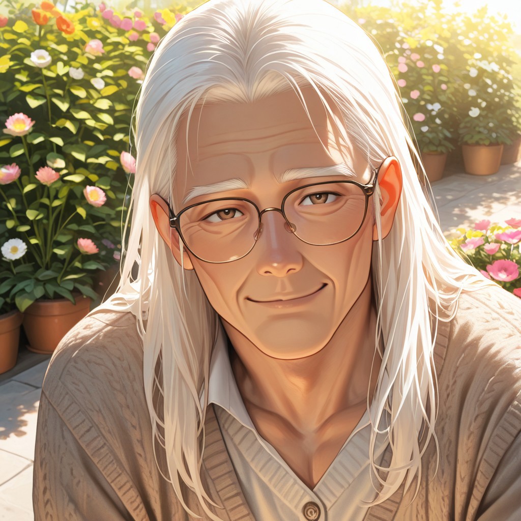 masterpiece, best quality, amazing quality, absurdres, newest, detailed background, definition so sharp, Ultra-HD, 8K cinematic, very awa, impressionate, amazing quality, highres, 
solo, male focus, manly, 
daikakukokujouji, lieutenant_white hair, lieutenant_brown eyes, 1boy, old man, looking at viewer, warm smile, long hair,wearing glasses \(on nose\), casual clothing, cardigan, outdoor setting, blooming garden, sunlight, peaceful, kind, approachable, comforting, joyful, grandfatherly