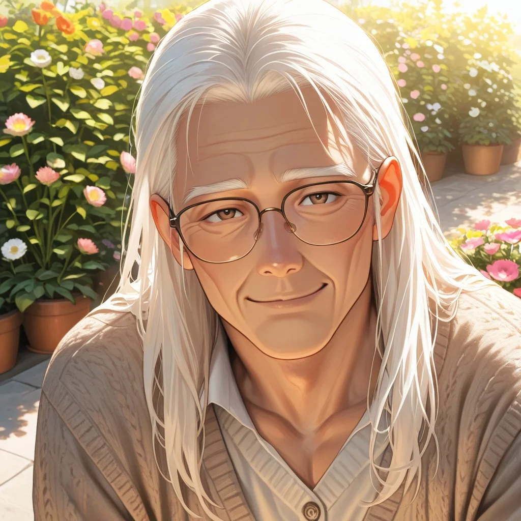 masterpiece, best quality, amazing quality, absurdres, newest, detailed background, definition so sharp, Ultra-HD, 8K cinematic, very awa, impressionate, amazing quality, highres,
solo, male focus, manly,
daikakukokujouji, lieutenant_white hair, lieutenant_brown eyes, 1boy, old man, looking at viewer, warm smile, long hair,wearing glasses \(on nose\), casual clothing, cardigan, outdoor setting, blooming garden, sunlight, peaceful, kind, approachable, comforting, joyful, grandfatherly