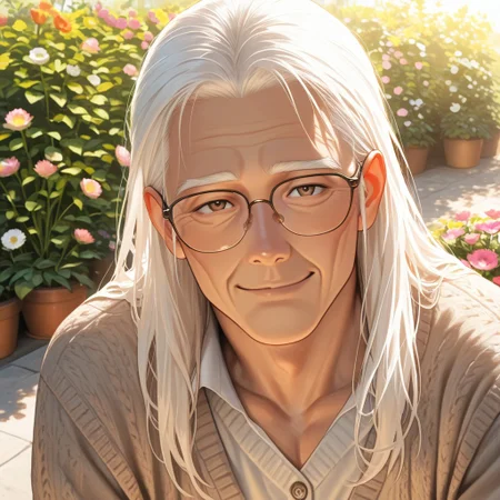 masterpiece, best quality, amazing quality, absurdres, newest, detailed background, definition so sharp, Ultra-HD, 8K cinematic, very awa, impressionate, amazing quality, highres,
solo, male focus, manly,
daikakukokujouji, lieutenant_white hair, lieutenant_brown eyes, 1boy, old man, looking at viewer, warm smile, long hair,wearing glasses \(on nose\), casual clothing, cardigan, outdoor setting, blooming garden, sunlight, peaceful, kind, approachable, comforting, joyful, grandfatherly