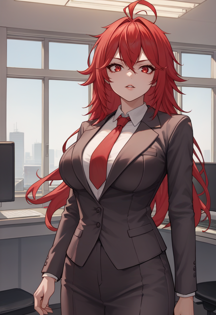 score_9, score_8_up, score_7_up, source_anime BREAK 1girl, <lora:nihilister-nikke-richy-v1_pdxl:1> solo, standing, nihilister, red hair, red eyes, ahoge, long hair, suit, red necktie, parted lips, office, indoors, large breasts, looking at viewer,