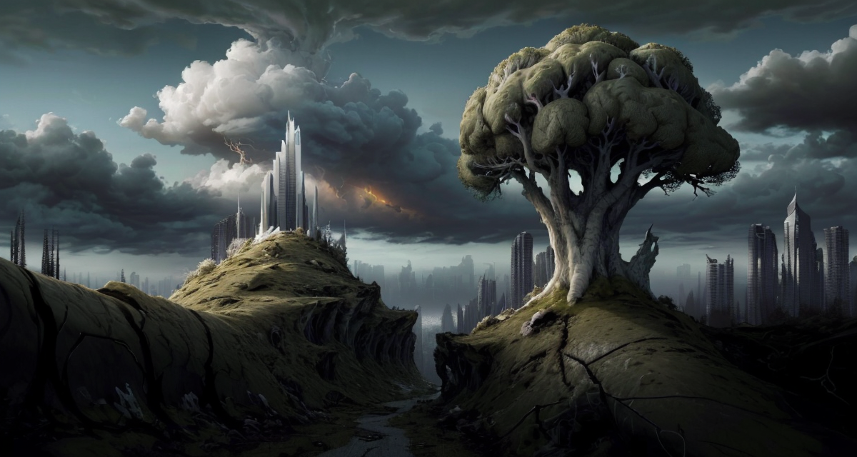 early duskspringtime
<lora:philipp_urlich:0.80> outdoors, scenery, cloud, no humans, cloudy sky, tree, landscape, mountain,
<lora:Wasteland:0.65> Wasteland, the, and, with, wasteland, background, (white futuristic (overgrown) city ruins) , art by Naoki Urasawa, wallpaper art of a Large ("The Brain of Mediterranean":1.3) , shallow depth of field, Depth of field 100mm, science fiction