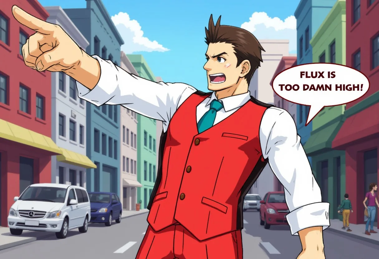 <lora:Phoenix_Wright_Objection_Pose:1> pwobjectionpose, Apollo Justice in a stylized, anime-inspired art style, extending his right arm and pointing forward with his index finger. His expression is determined and focused. He has short, neatly combed brown hair with a few strands sticking up in the front. He is wearing a bright red vest over a white dress shirt with the sleeves rolled up to his elbows. The vest has three buttons down the front and a small gold pin on the left lapel. His shirt is neatly tucked into a matching red pair of pants. A teal tie complements the outfit. The background is a bustling city street in vibrant colors. There is a chat bubble with the words "FLUX IS TOO DAMN HIGH!"