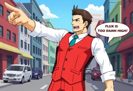 <lora:Phoenix_Wright_Objection_Pose:1>  pwobjectionpose,  Apollo Justice in a stylized, anime-inspired art style, extending his right arm and pointing forward with his index finger. His expression is determined and focused. He has short, neatly combed brown hair with a few strands sticking up in the front. He is wearing a bright red vest over a white dress shirt with the sleeves rolled up to his elbows. The vest has three buttons down the front and a small gold pin on the left lapel. His shirt is neatly tucked into a matching red pair of pants. A teal tie complements the outfit. The background is a bustling city street in vibrant colors. There is a chat bubble with the words "FLUX IS TOO DAMN HIGH!"