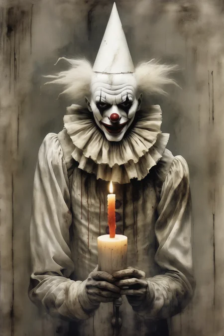 <lora:Santiago Caruso Style:1>Santiago Caruso Style - Tectonic evil clown with a white painted face holding a candle