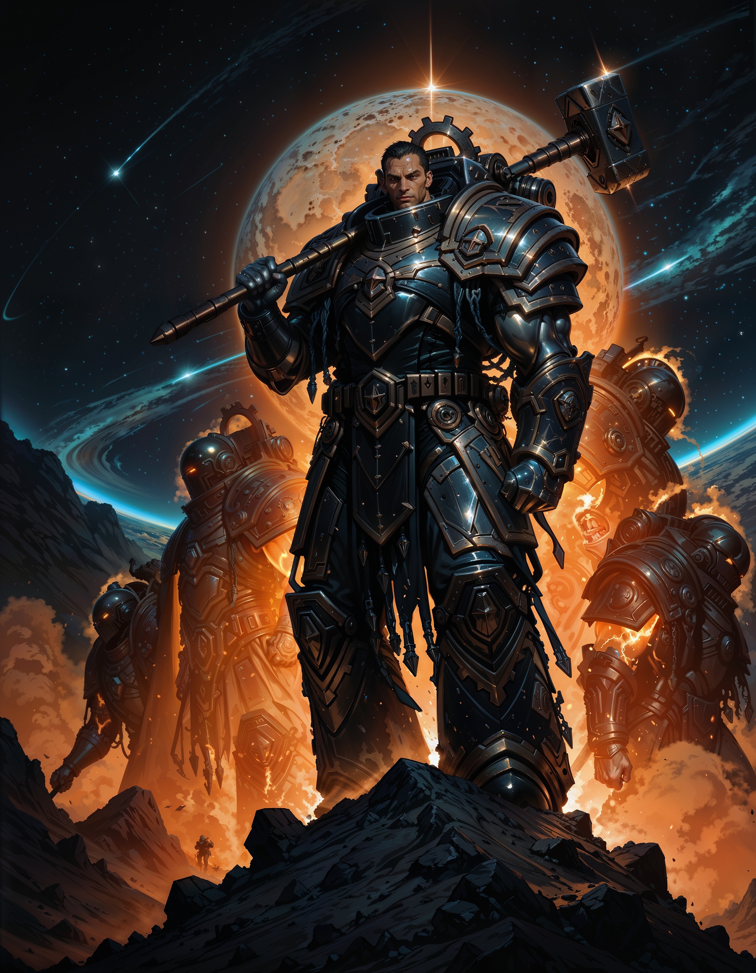 masterpiece, best quality,high quality, newest, highres,8K,HDR,absurdres, iLLFerrusM40k, 1boy, metallic arms, armor, holding a hammer, on the moon, space,  <lora:iLLFerrusM40k:1> <lora:iLLMythG0thicL1nes:0.8> G0thicL1nes