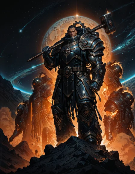 masterpiece, best quality,high quality, newest, highres,8K,HDR,absurdres, iLLFerrusM40k, 1boy, metallic arms, armor, holding a hammer, on the moon, space, <lora:iLLFerrusM40k:1> <lora:iLLMythG0thicL1nes:0.8> G0thicL1nes