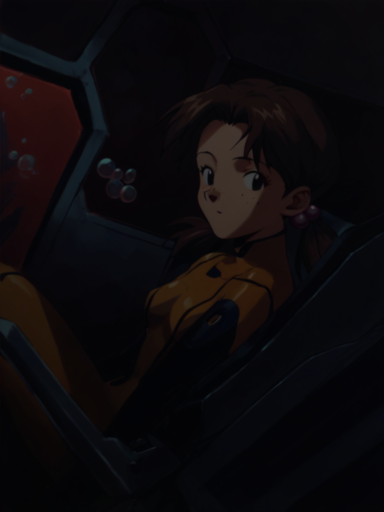 score_9, score_8_up, score_7_up, score_6_up, score_5_up, score_4_up, BREAK, source_anime, 1990s \(style\), retro artstyle, 
underwater, deep abyss background, dark blue background,
yellow plugsuit, floating bubbles, pilot seat, sitting in cockpit, lying in cockpit,
1girl, hikarihoraki, brown hair, twintails, freckles, floating hair, hair bobbles, long hair, black eyes   <lora:HikariHorakiXL:1>