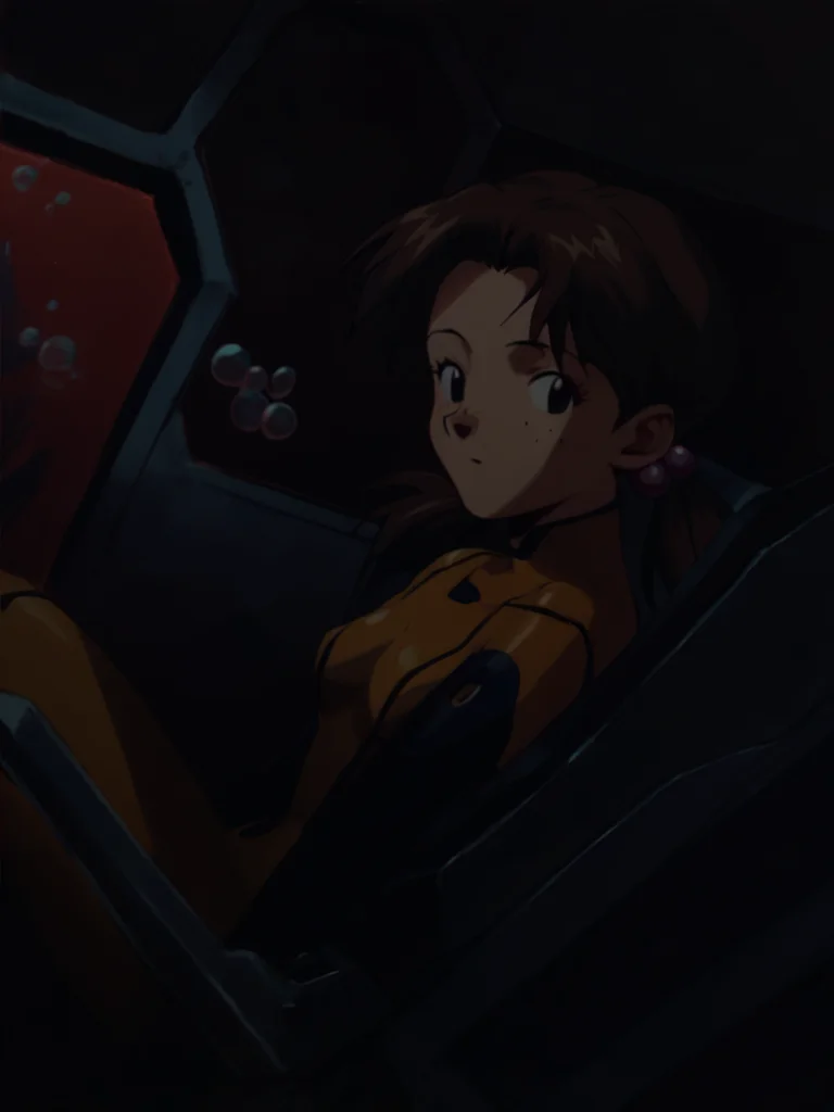 score_9, score_8_up, score_7_up, score_6_up, score_5_up, score_4_up, BREAK, source_anime, 1990s \(style\), retro artstyle,
underwater, deep abyss background, dark blue background,
yellow plugsuit, floating bubbles, pilot seat, sitting in cockpit, lying in cockpit,
1girl, hikarihoraki, brown hair, twintails, freckles, floating hair, hair bobbles, long hair, black eyes <lora:HikariHorakiXL:1>
