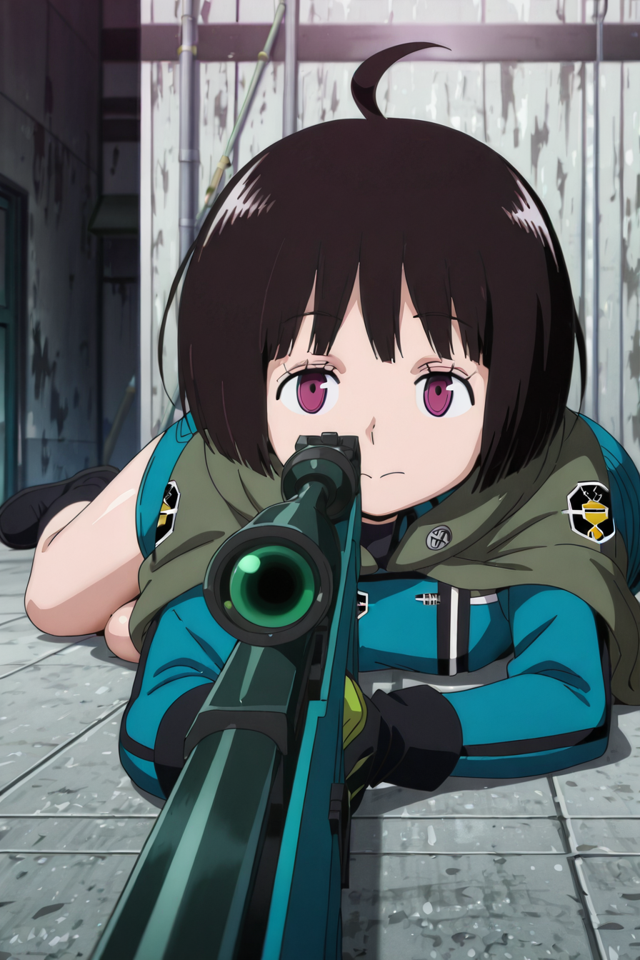 shiny skin, posing,
<lora:worldtrigger.il:1>,
worldtrigger,
chika, tamakoma, cape, 
wide hips, 
lying, on stomach, sniper rifle, aiming at viewer,