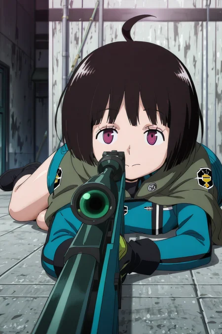 shiny skin, posing,
<lora:worldtrigger.il:1>,
worldtrigger,
chika, tamakoma, cape,
wide hips,
lying, on stomach, sniper rifle, aiming at viewer,