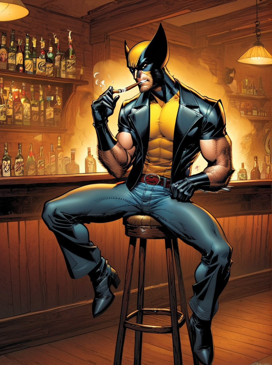 1boy, Wolverine smoking a cigar sitting on a bar stool, J Scott Campbell style, <lora:JSC_Style:1>