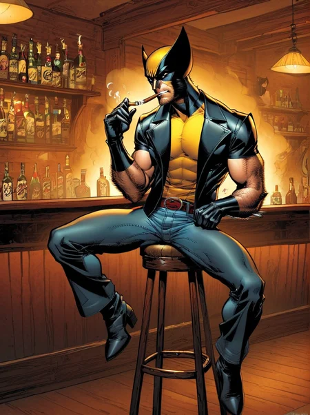 1boy, Wolverine smoking a cigar sitting on a bar stool, J Scott Campbell style, <lora:JSC_Style:1>