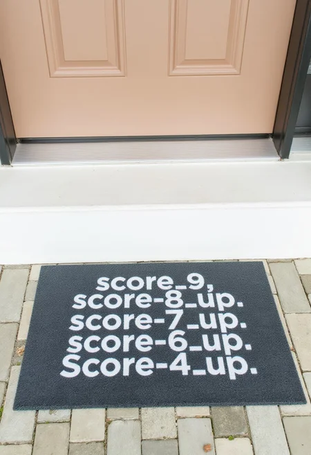 Photograph of a grey welcome mat placed in front of a front door. The mat features a simple design with the phrase "score_9, score_8_up, score_7_up, score_6_up, score_5_up, score_4_up," in bold, white letters.