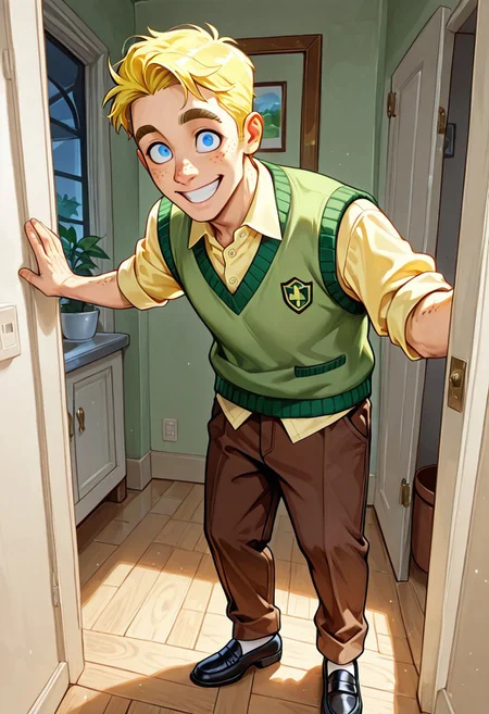 score_9, score_8_up, score_7_up, score_6_up, masterpiece, best quality, detailed eyes, detailed face, photorealistic, face_focus, (Hugh Testtransformation into anthro Dukey, mid transformation, standing, looking at viewer, dynamic pose), (House, indoors, mature, adult male, yellow hair, short hair, blue eyes, thick eyebrows, freckles, yellow shirt, green sweater vest, brown pants, black loafers), muscular male, (wide open eyes), smiling