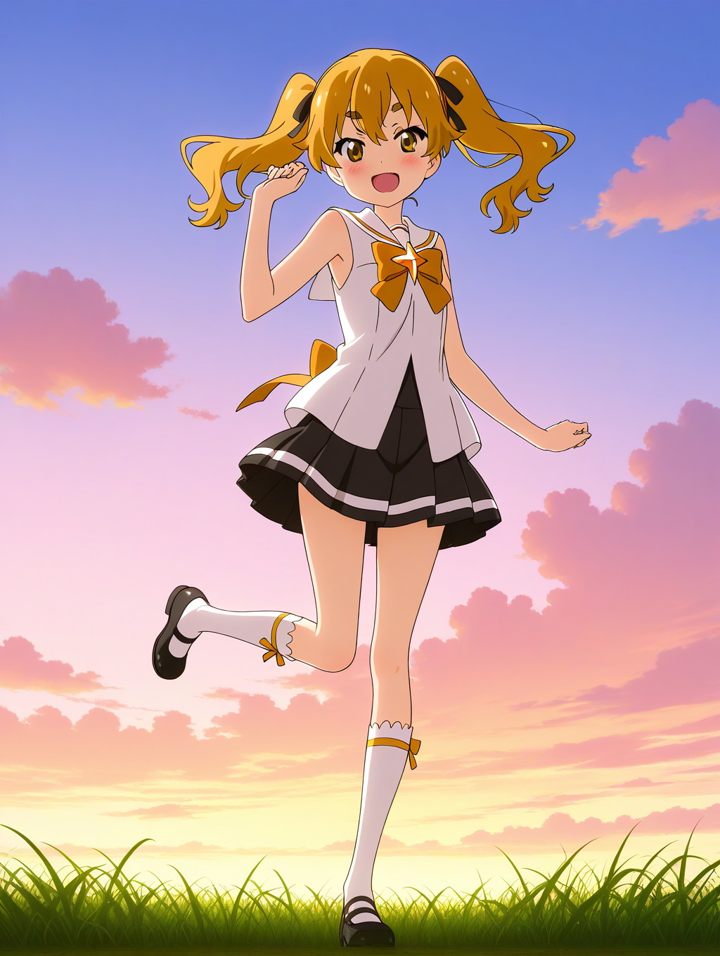 general,highres, ultra-detailed,very aesthetic,best quality ,best hands,  BREAK  <lora:Hikaru_Houkago_no_Pleiades_IS:1> Hikaru(Pleiades), 1girl,solo, twintails, blonde hair, yellow eyes,long hair, hair ribbon, 
thick eyebrows, anime coloring,
skirt,  open mouth, mary janes, pleated skirt, full body, socks, looking at viewer, ribbon, 
shoes, white socks, school uniform, smile, sleeveless, black skirt, kneehighs, standing, black ribbon, black footwear, standing on one leg, sleeveless shirt, blush, brown eyes, :d, shirt, bow
sky, cloud, grass,