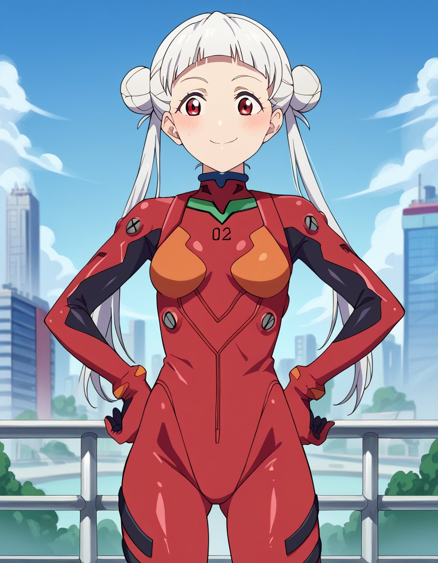 score_9, score_8_up, score_7_up, source_anime, <lora:chisato-arashi-s2-ponyxl-lora-nochekaiser:1>, chisato arashi, long hair, bangs, red eyes, twintails, white hair, blunt bangs, hair bun, double bun,, <lora:souryuu-asuka-langley-cosplay-ponyxl-lora-nochekaiser:1>, souryuuasukalangleycosplay, souryuu asuka langley (cosplay), bodysuit, pilot suit, plugsuit, red bodysuit, interface headset,, cityscape, smile, blush, hands on hips,, , cowboy shot, dutch angle